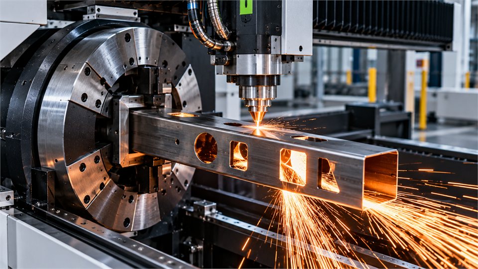 Rohrlaserschneidmaschine bei der Bearbeitung eines Metallprofils.