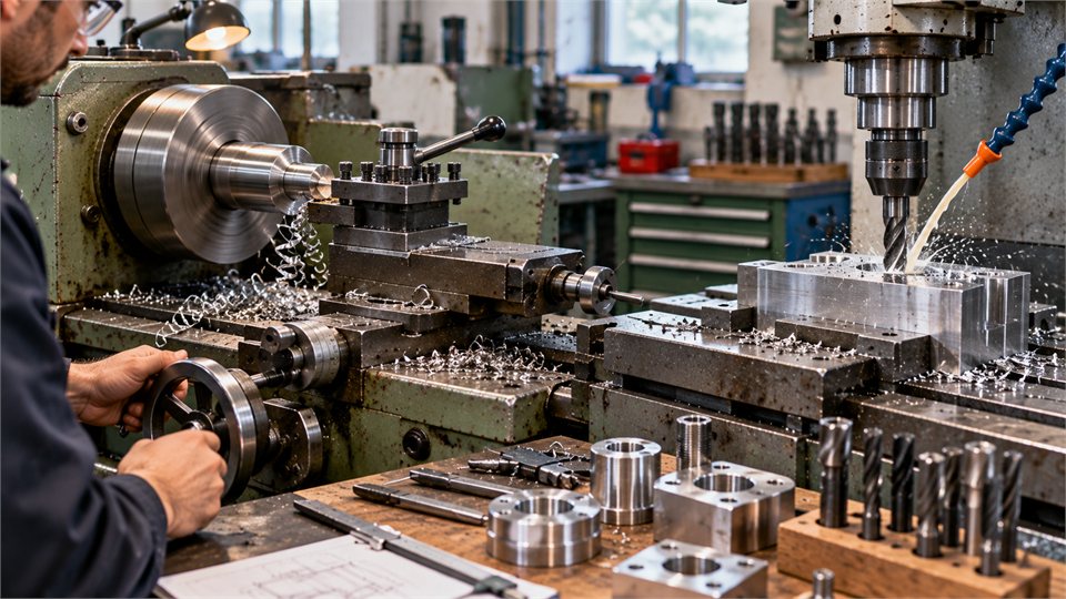 CNC-Werkzeug bei der spanenden Bearbeitung eines Metallwerkstücks.